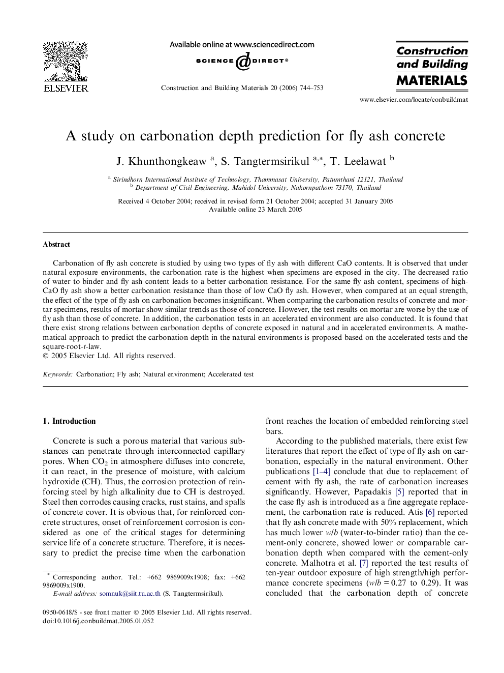 A study on carbonation depth prediction for fly ash concrete