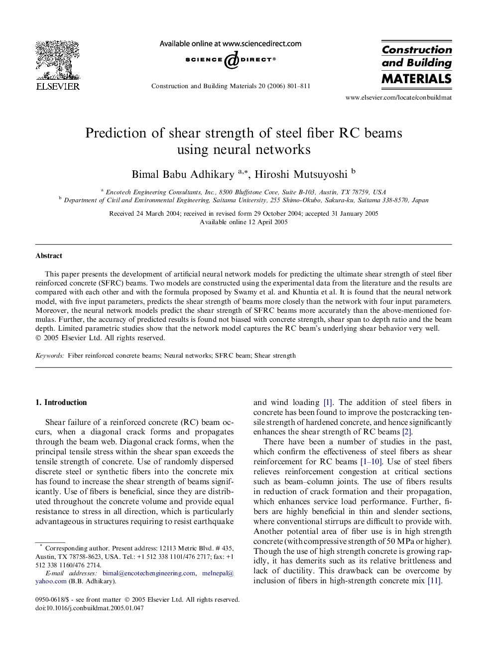 Prediction of shear strength of steel fiber RC beams using neural networks