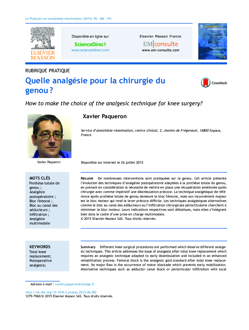 عکس صفحه اول مقاله: Quelle analgésie pour la chirurgie du genou ? Quelle analgésie pour la chirurgie du genou ?