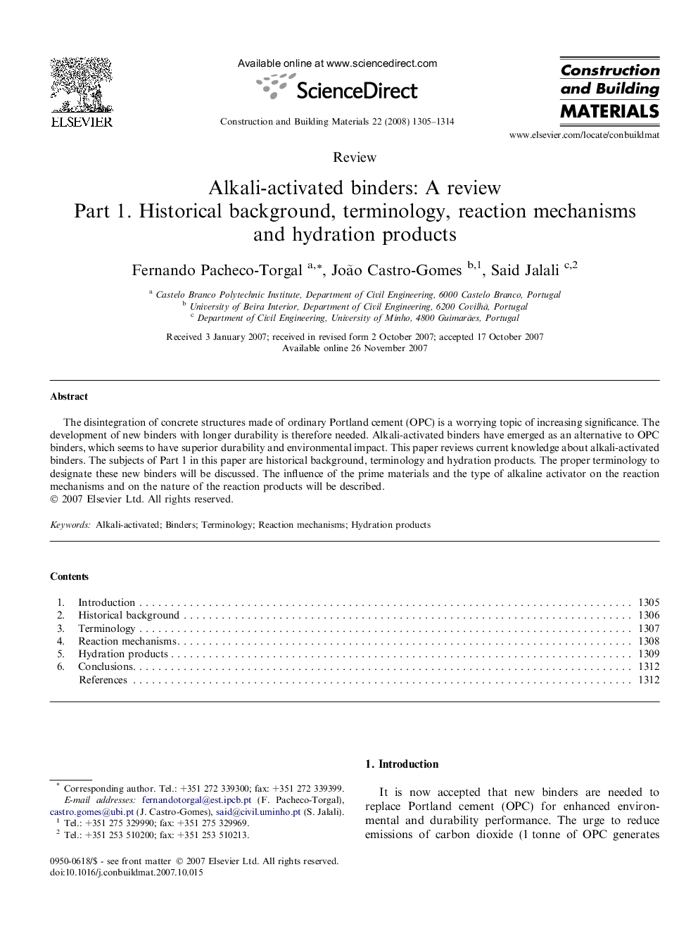 Alkali-activated binders: A review: Part 1. Historical background, terminology, reaction mechanisms and hydration products