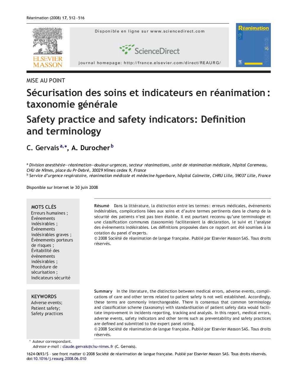 Sécurisation des soins et indicateurs en réanimationÂ : taxonomie générale