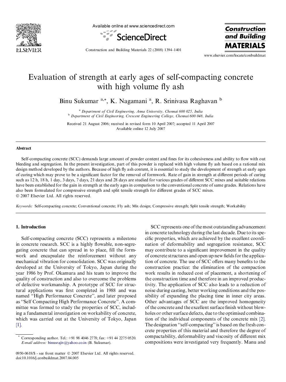 Evaluation of strength at early ages of self-compacting concrete with high volume fly ash