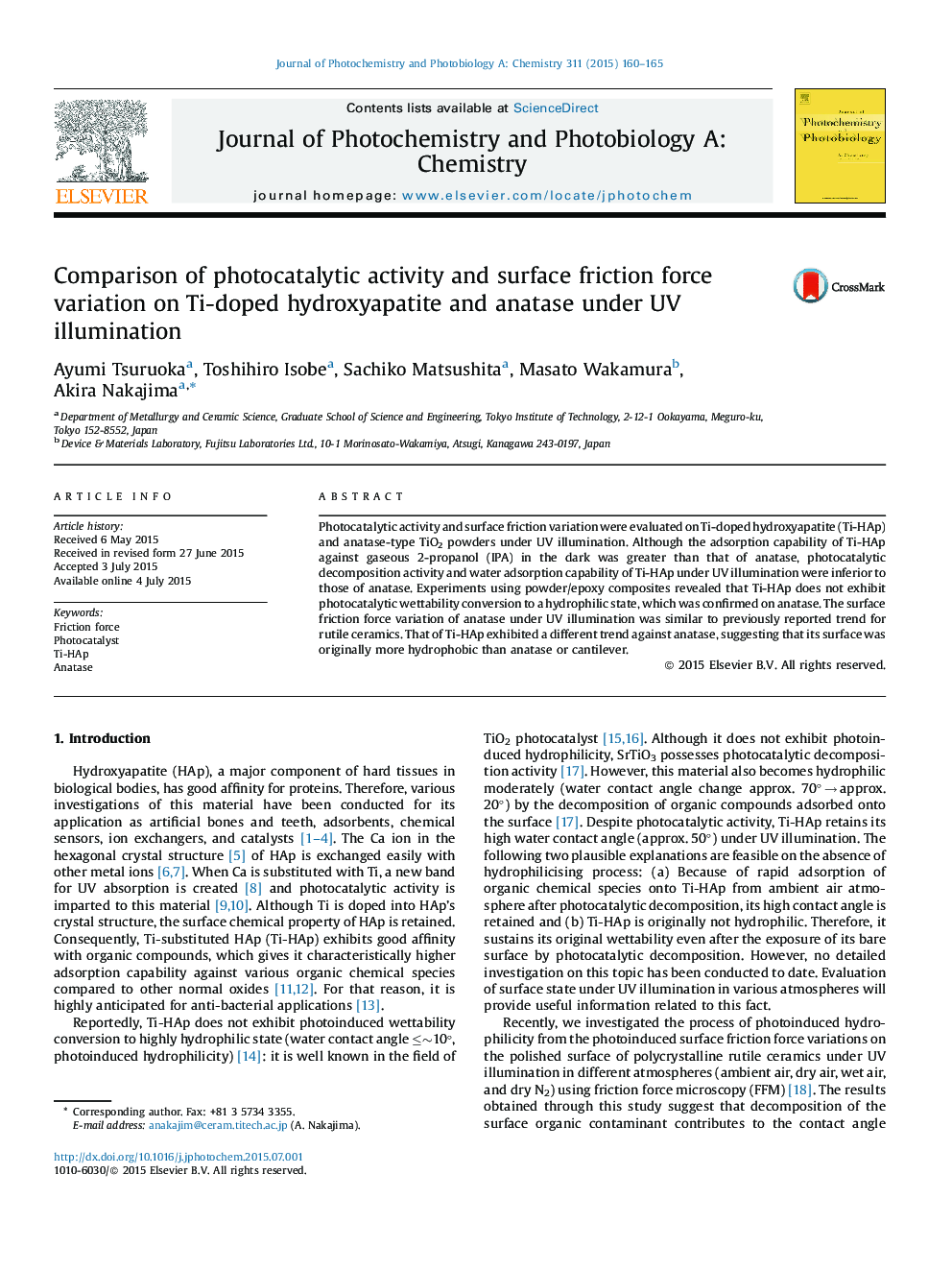 Comparison of photocatalytic activity and surface friction force variation on Ti-doped hydroxyapatite and anatase under UV illumination