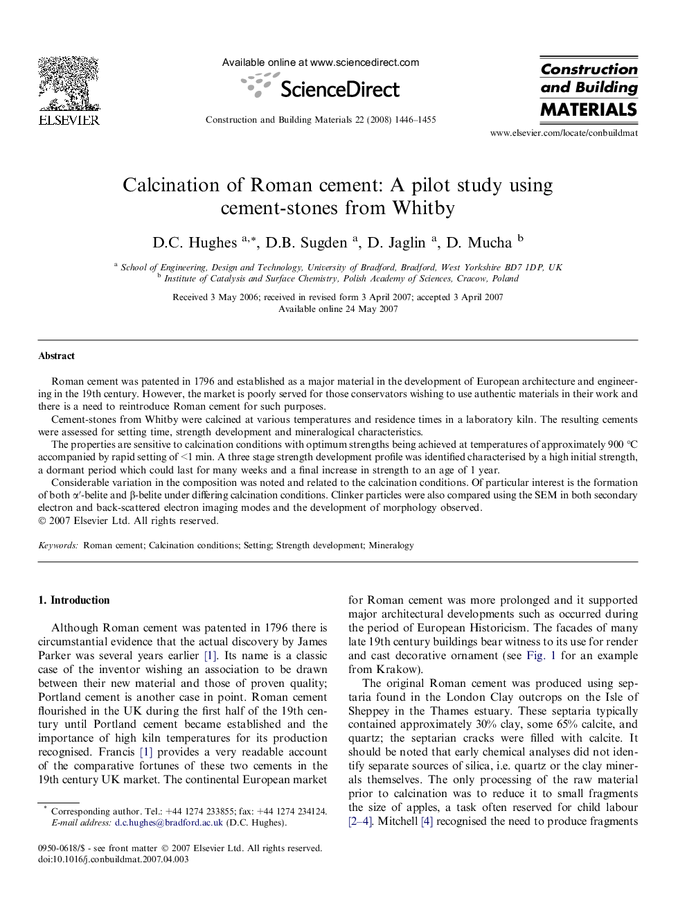 Calcination of Roman cement: A pilot study using cement-stones from Whitby