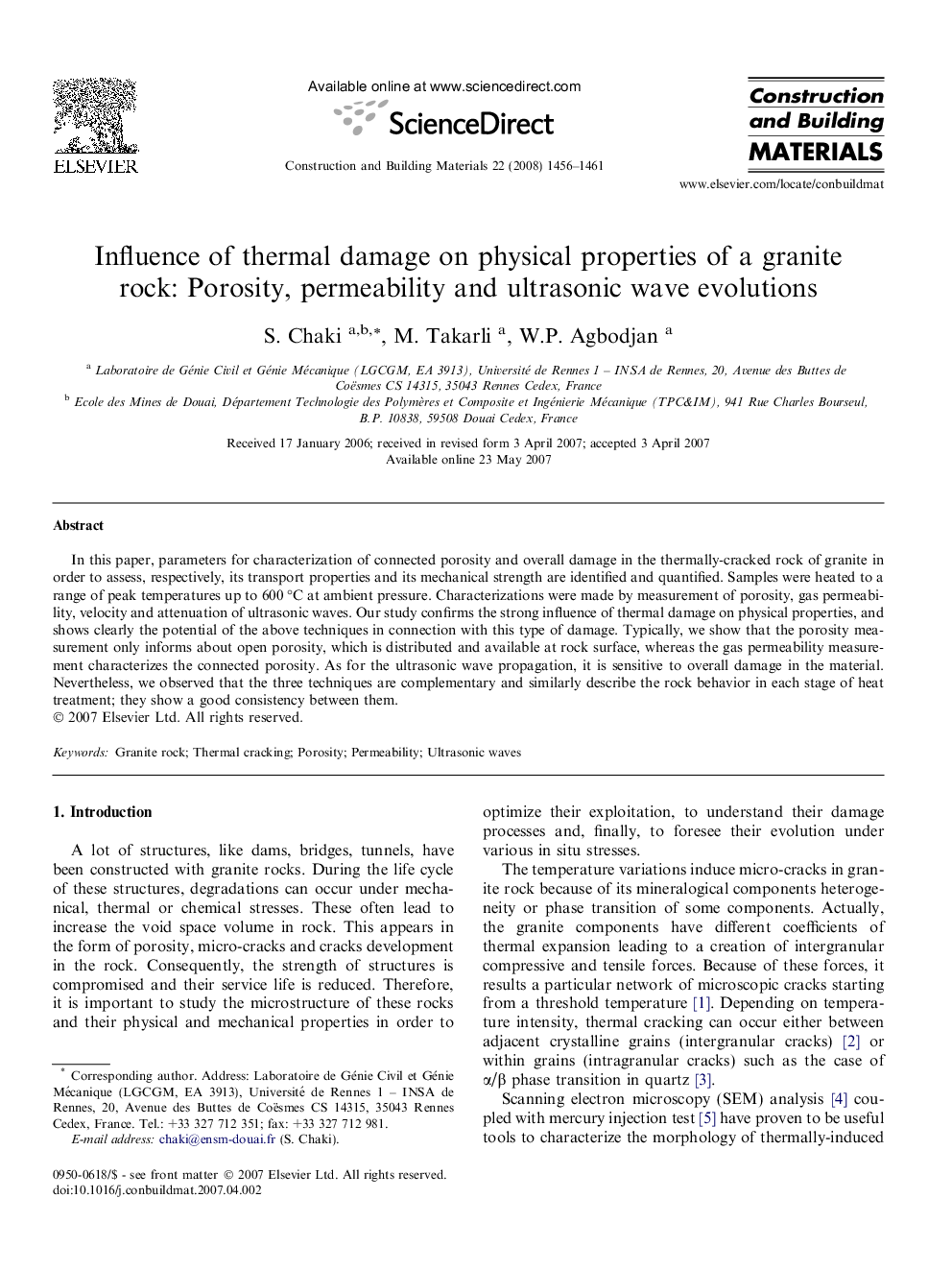 Influence of thermal damage on physical properties of a granite rock: Porosity, permeability and ultrasonic wave evolutions