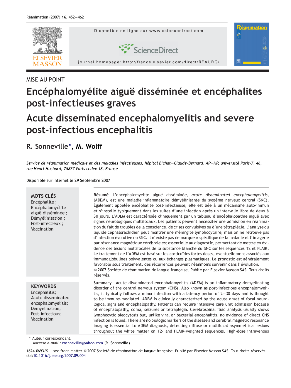 Encéphalomyélite aiguë disséminée et encéphalites post-infectieuses graves