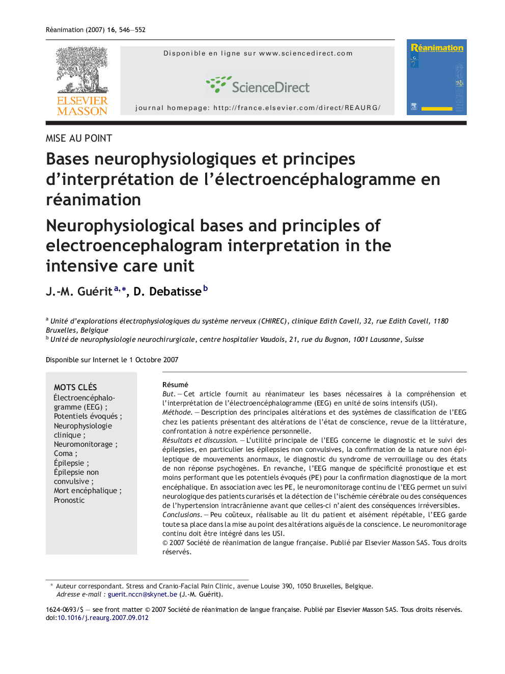 Bases neurophysiologiques et principes d'interprétation de l'électroencéphalogramme en réanimation