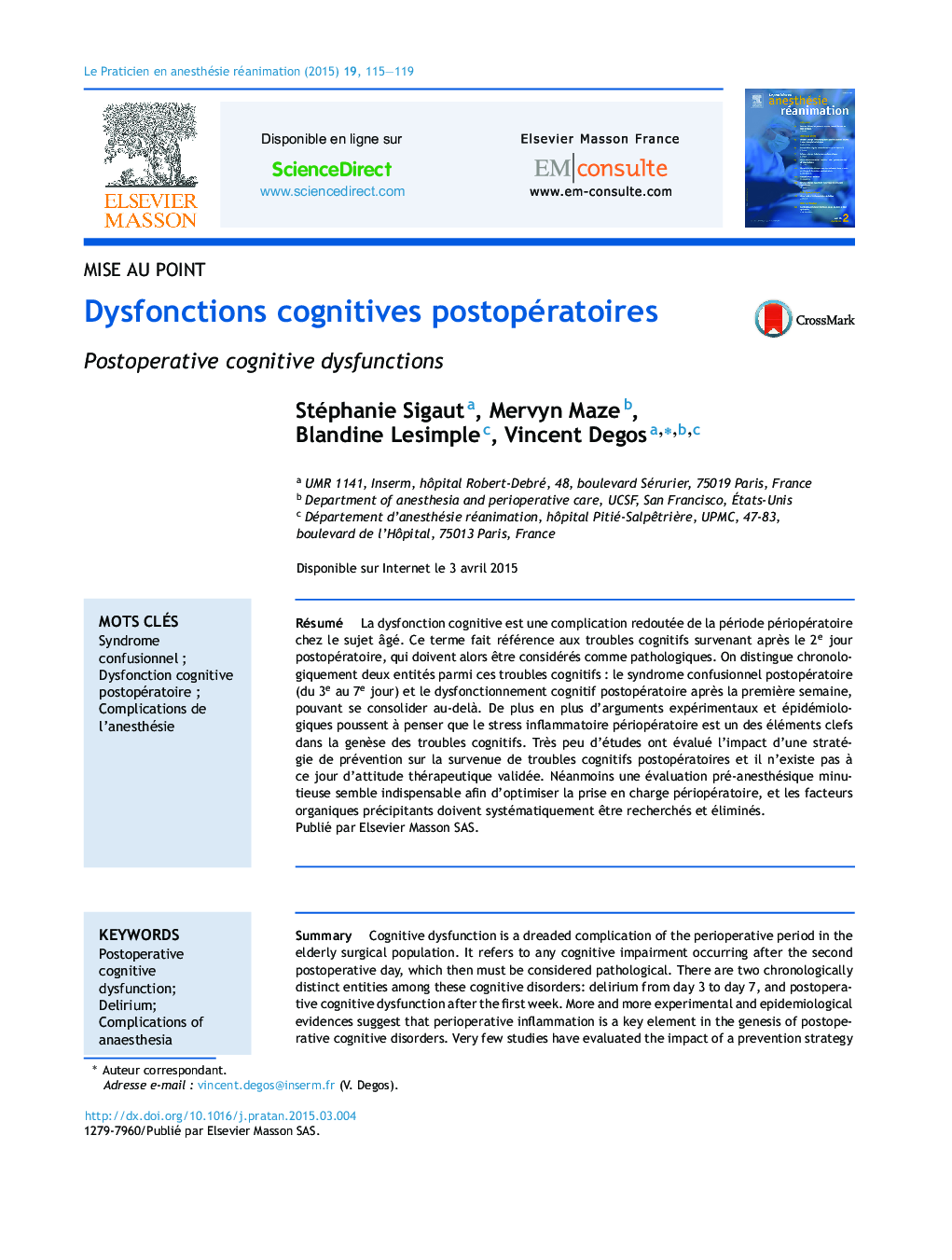 Dysfonctions cognitives postopératoires