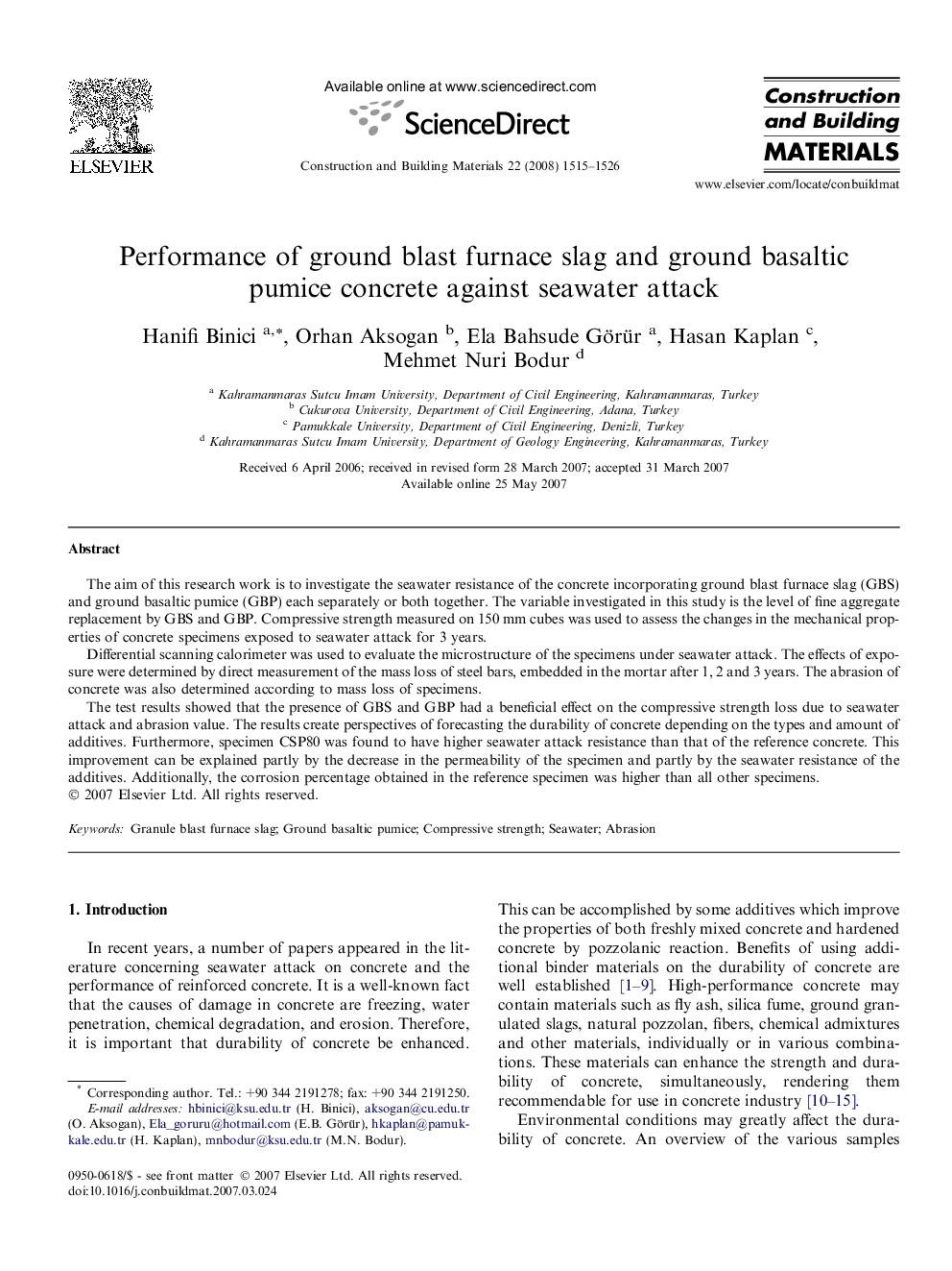 Performance of ground blast furnace slag and ground basaltic pumice concrete against seawater attack