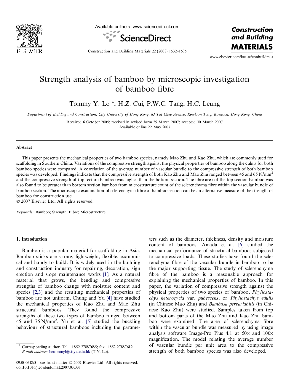 Strength analysis of bamboo by microscopic investigation of bamboo fibre