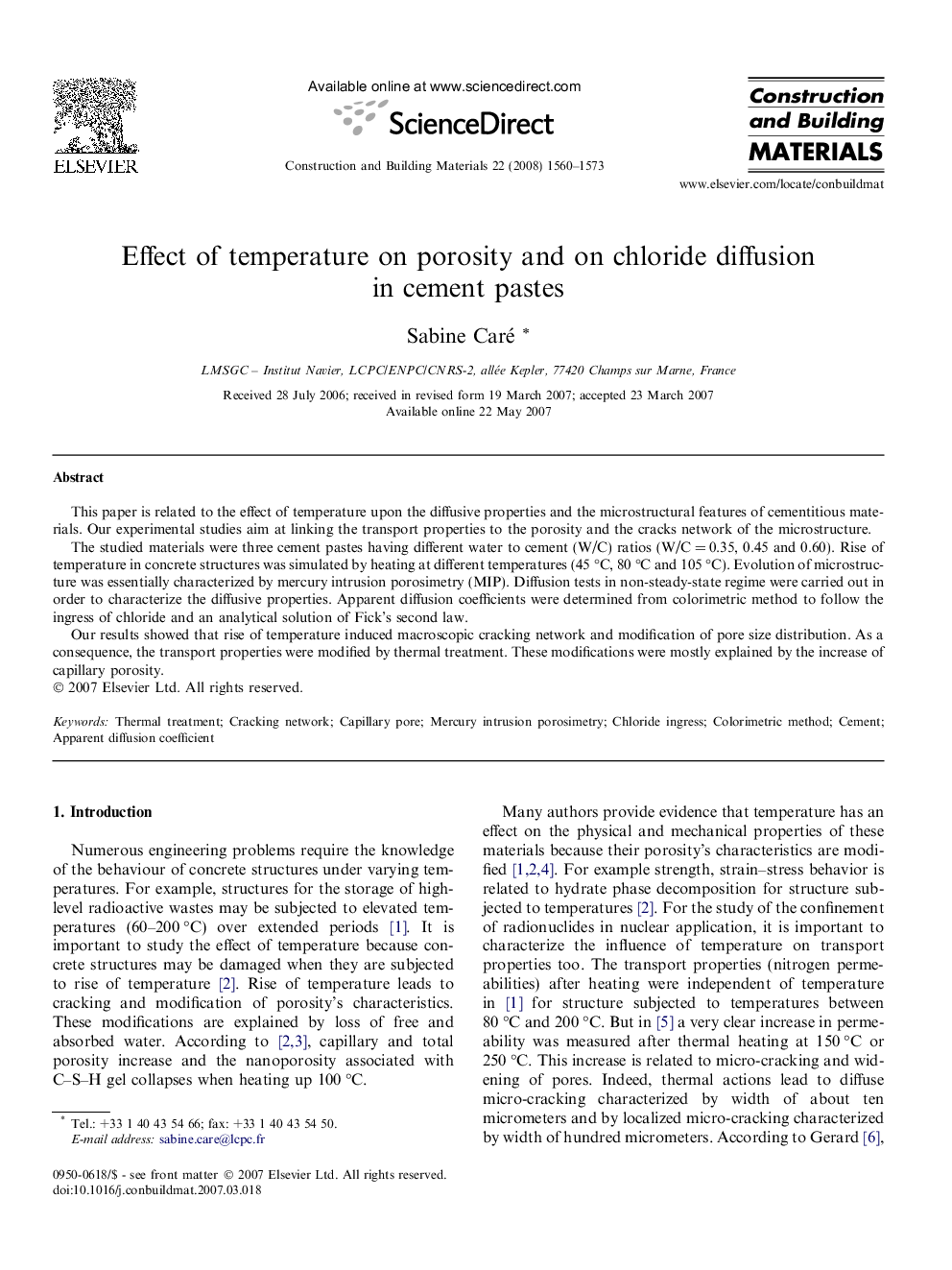Effect of temperature on porosity and on chloride diffusion in cement pastes