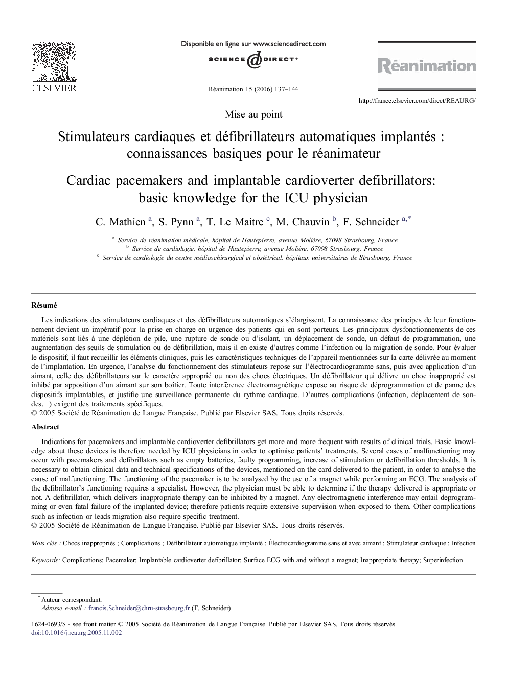 Stimulateurs cardiaques etÂ défibrillateurs automatiques implantésÂ : connaissances basiques pourÂ leÂ réanimateur