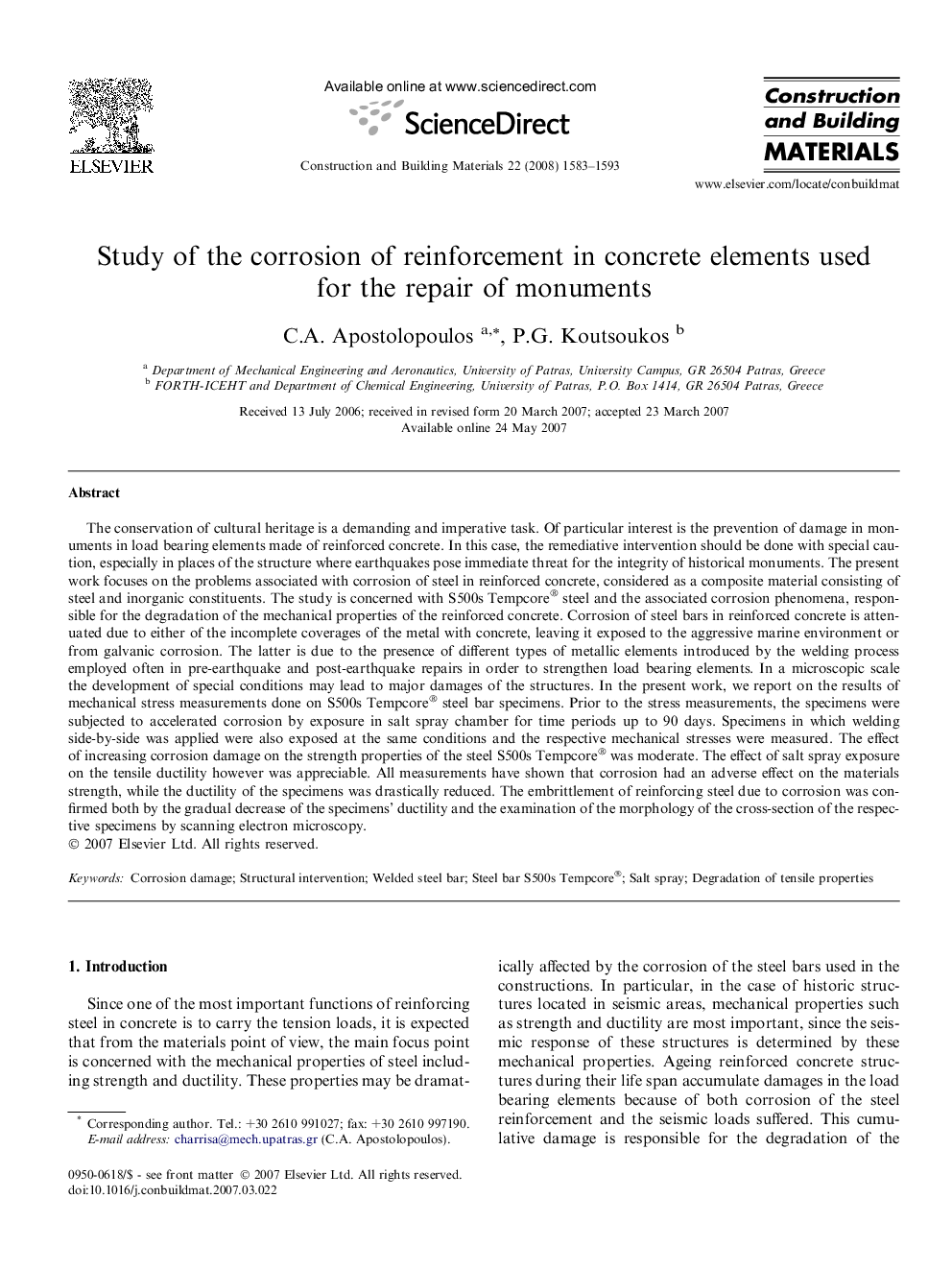 Study of the corrosion of reinforcement in concrete elements used for the repair of monuments