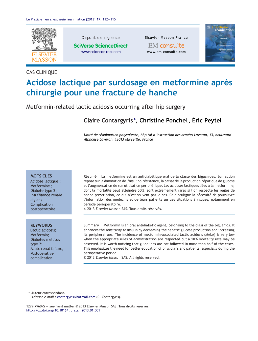 Acidose lactique par surdosage en metformine aprÃ¨s chirurgie pour une fracture de hanche