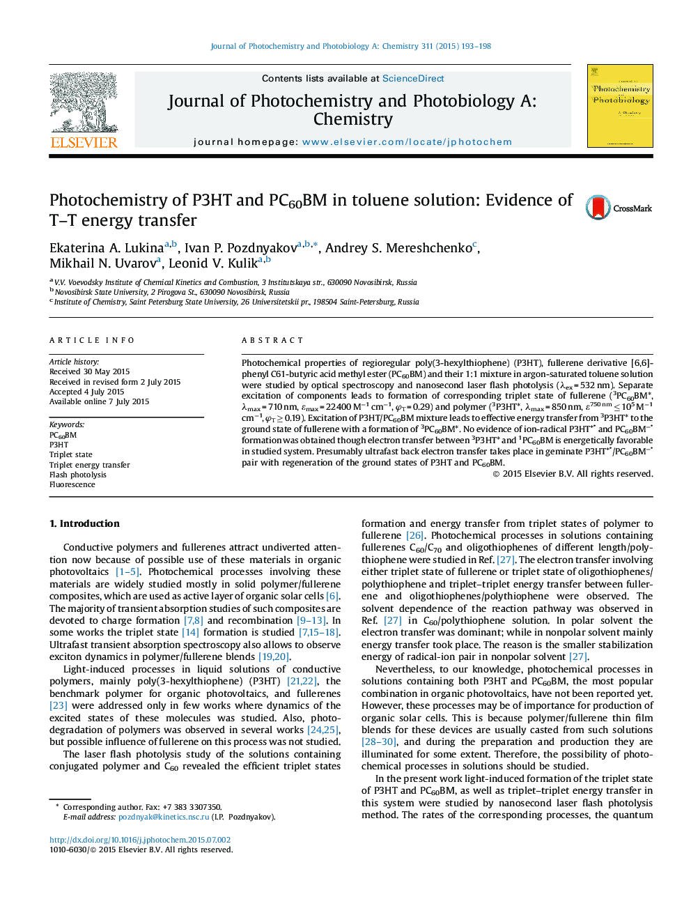 Photochemistry of P3HT and PC60BM in toluene solution: Evidence of T–T energy transfer