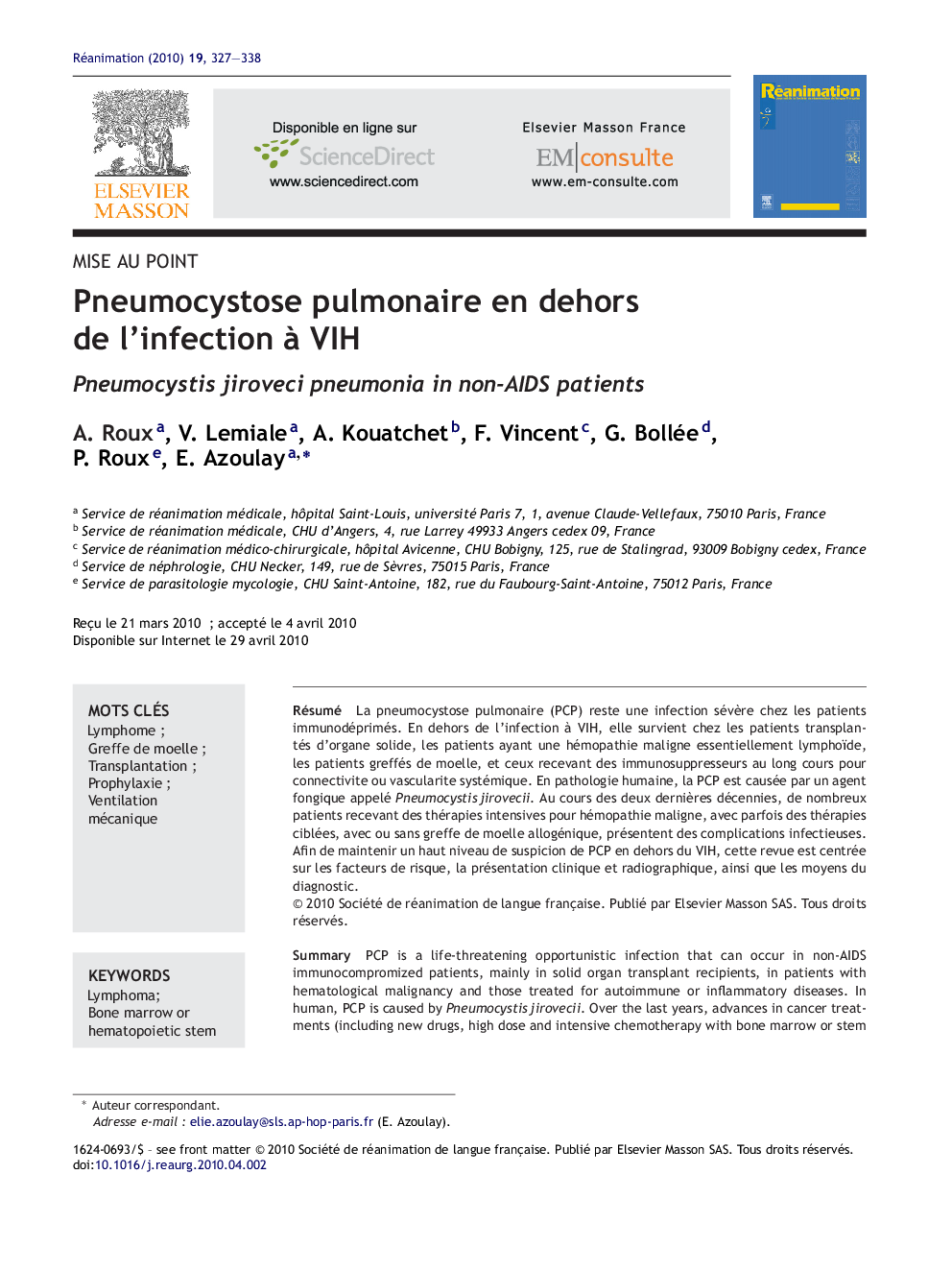 Pneumocystose pulmonaire en dehors de l'infection Ã  VIH