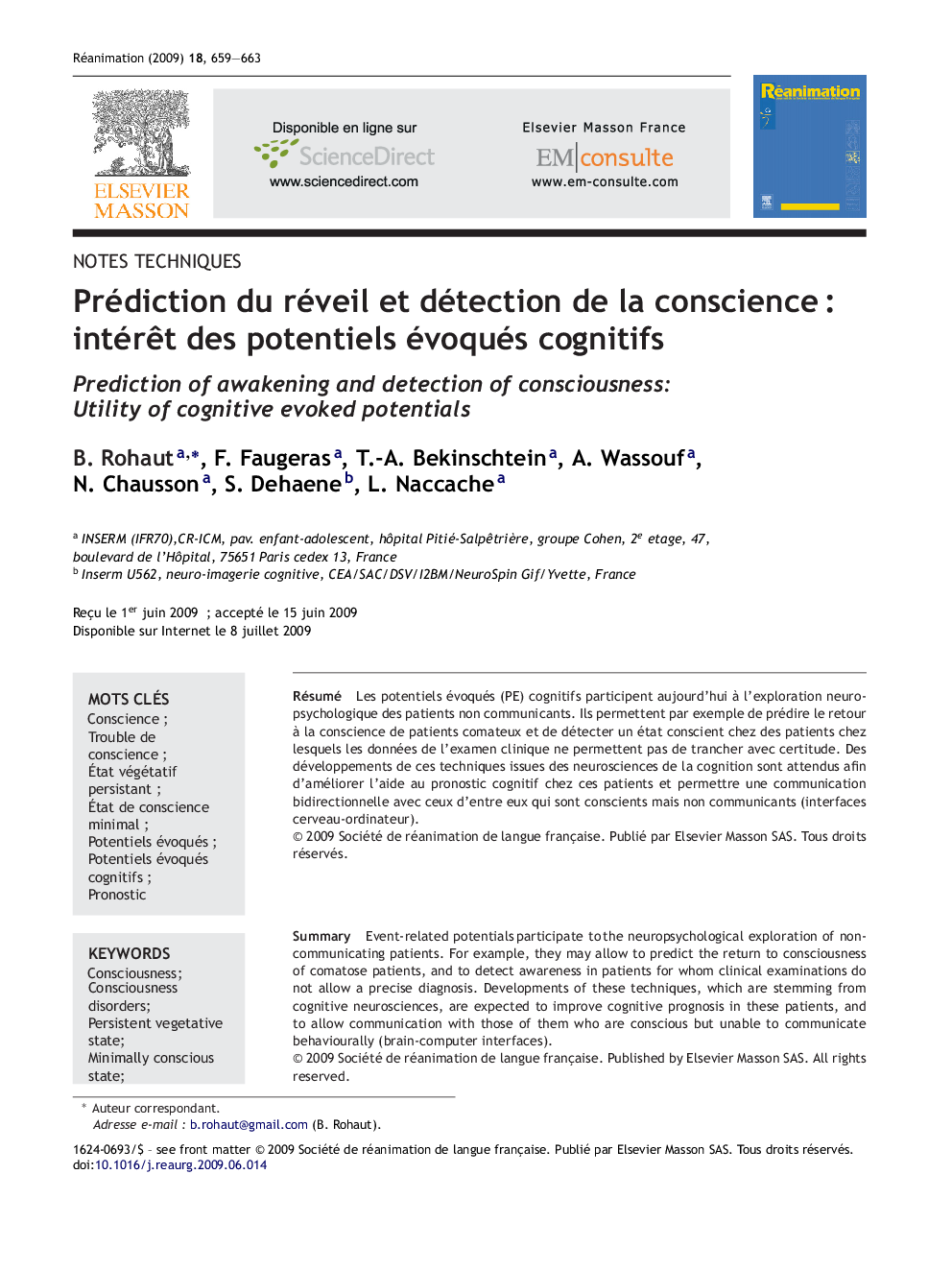 Prédiction du réveil et détection de la conscienceÂ : intérÃªt des potentiels évoqués cognitifs