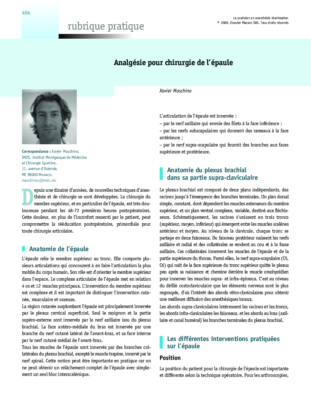 عکس صفحه اول مقاله: Analgésie pour chirurgie de lâ²épaule Analgésie pour chirurgie de lâ²épaule
