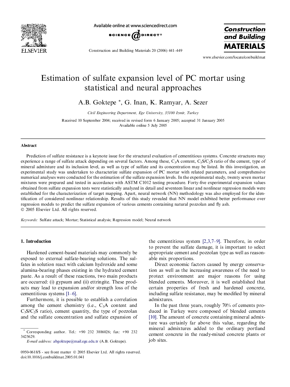 Estimation of sulfate expansion level of PC mortar using statistical and neural approaches