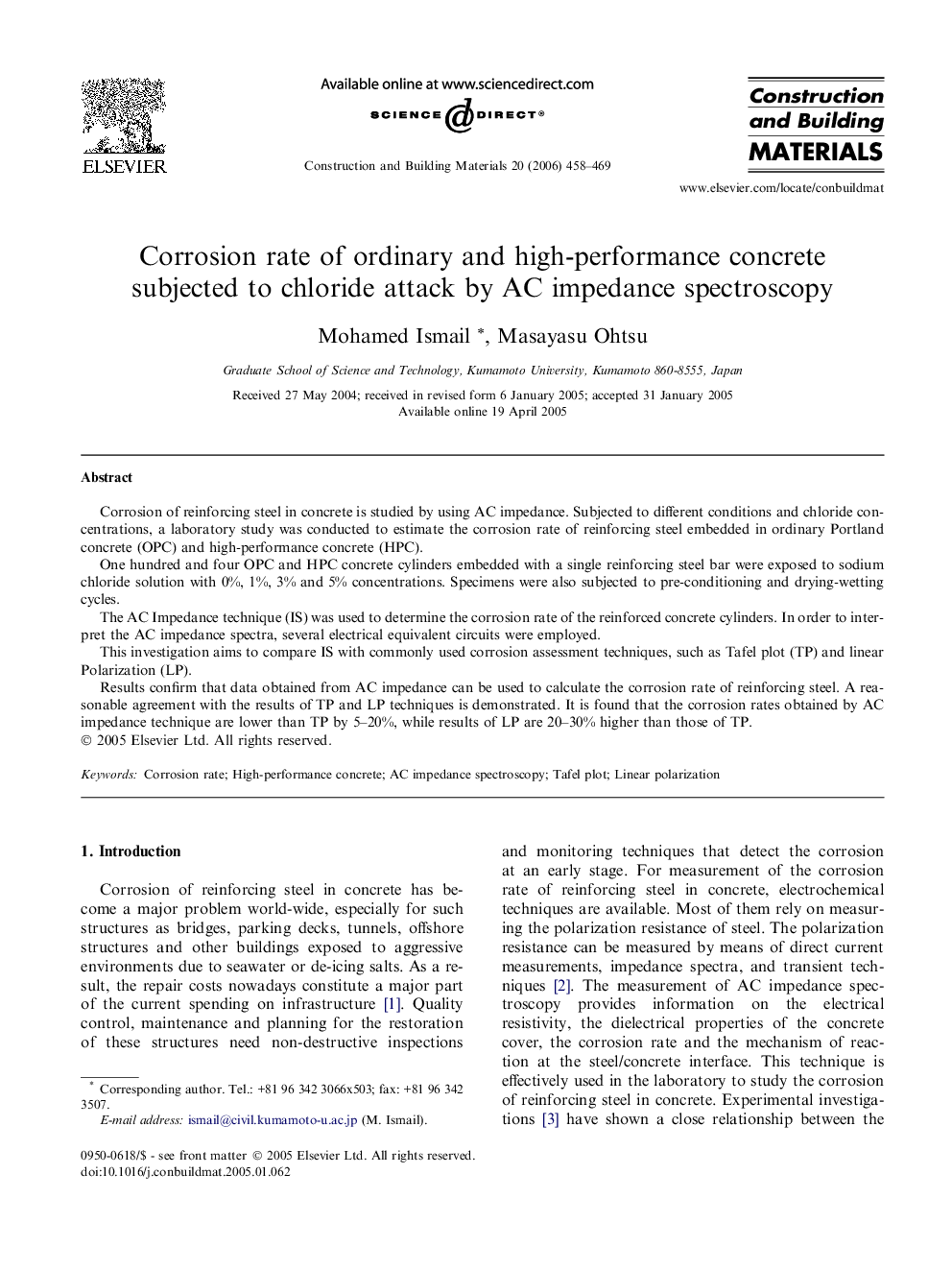 Corrosion rate of ordinary and high-performance concrete subjected to chloride attack by AC impedance spectroscopy