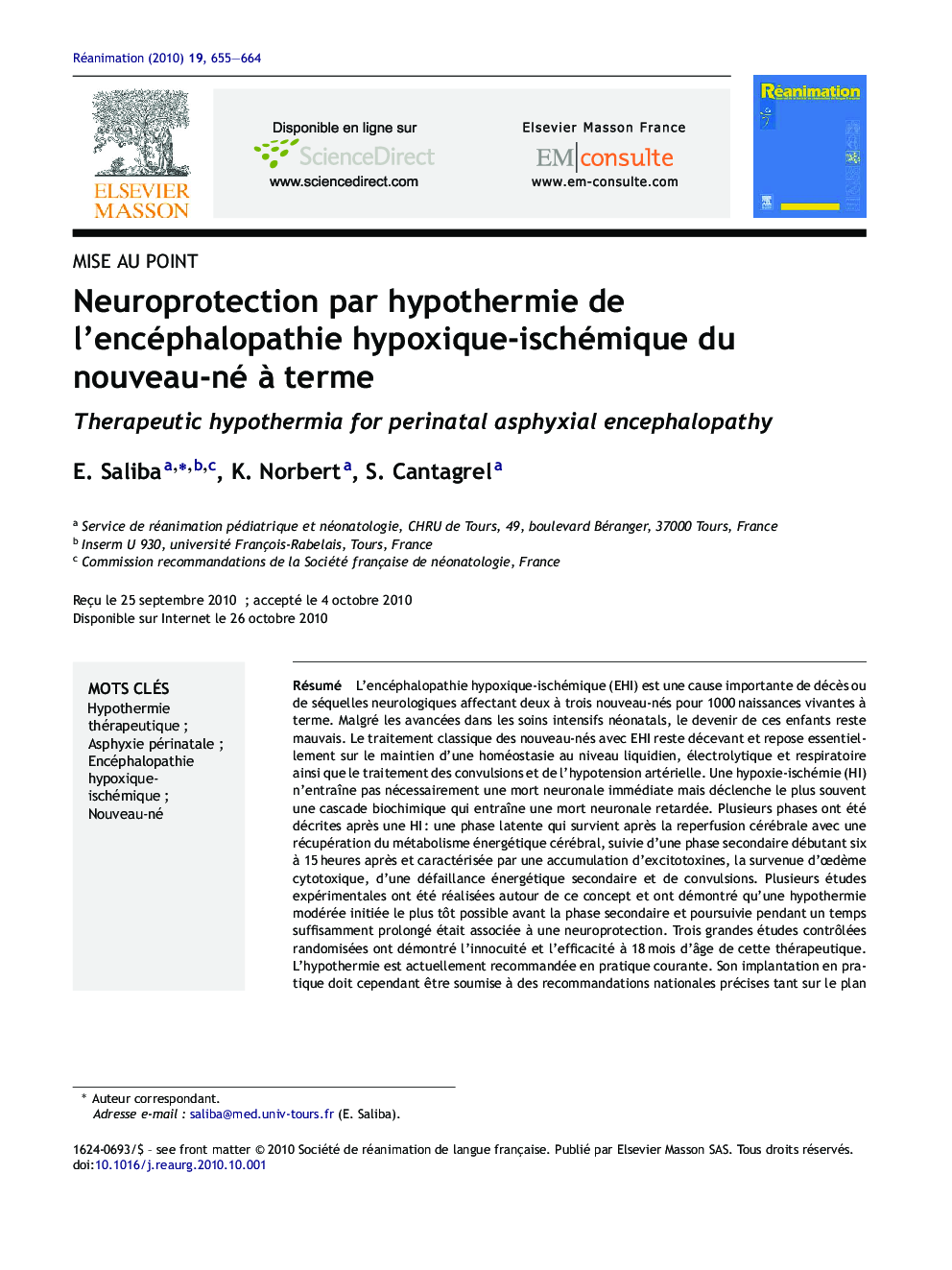 Neuroprotection par hypothermie de l'encéphalopathie hypoxique-ischémique du nouveau-né Ã  terme