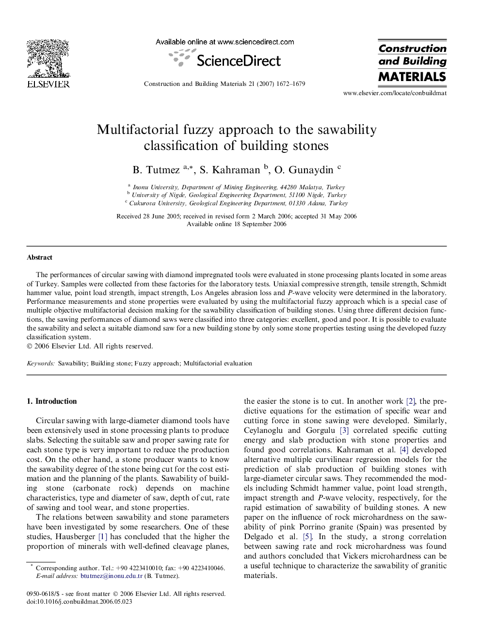 Multifactorial fuzzy approach to the sawability classification of building stones