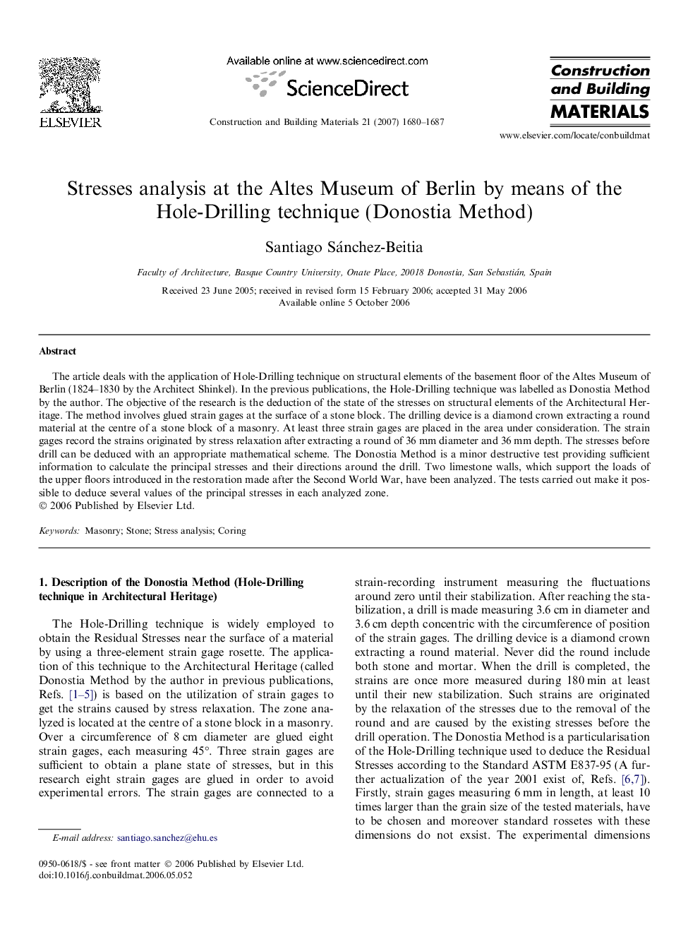 Stresses analysis at the Altes Museum of Berlin by means of the Hole-Drilling technique (Donostia Method)