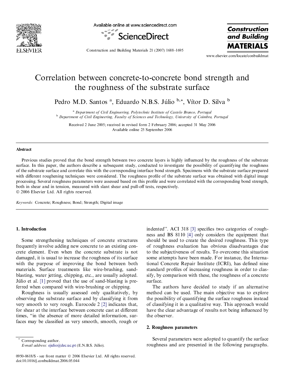 Correlation between concrete-to-concrete bond strength and the roughness of the substrate surface