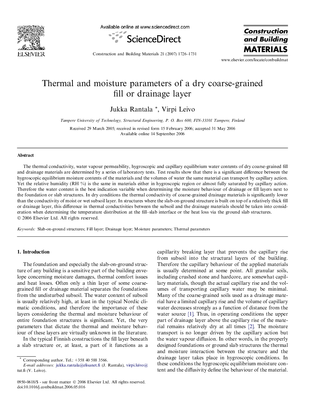 Thermal and moisture parameters of a dry coarse-grained fill or drainage layer