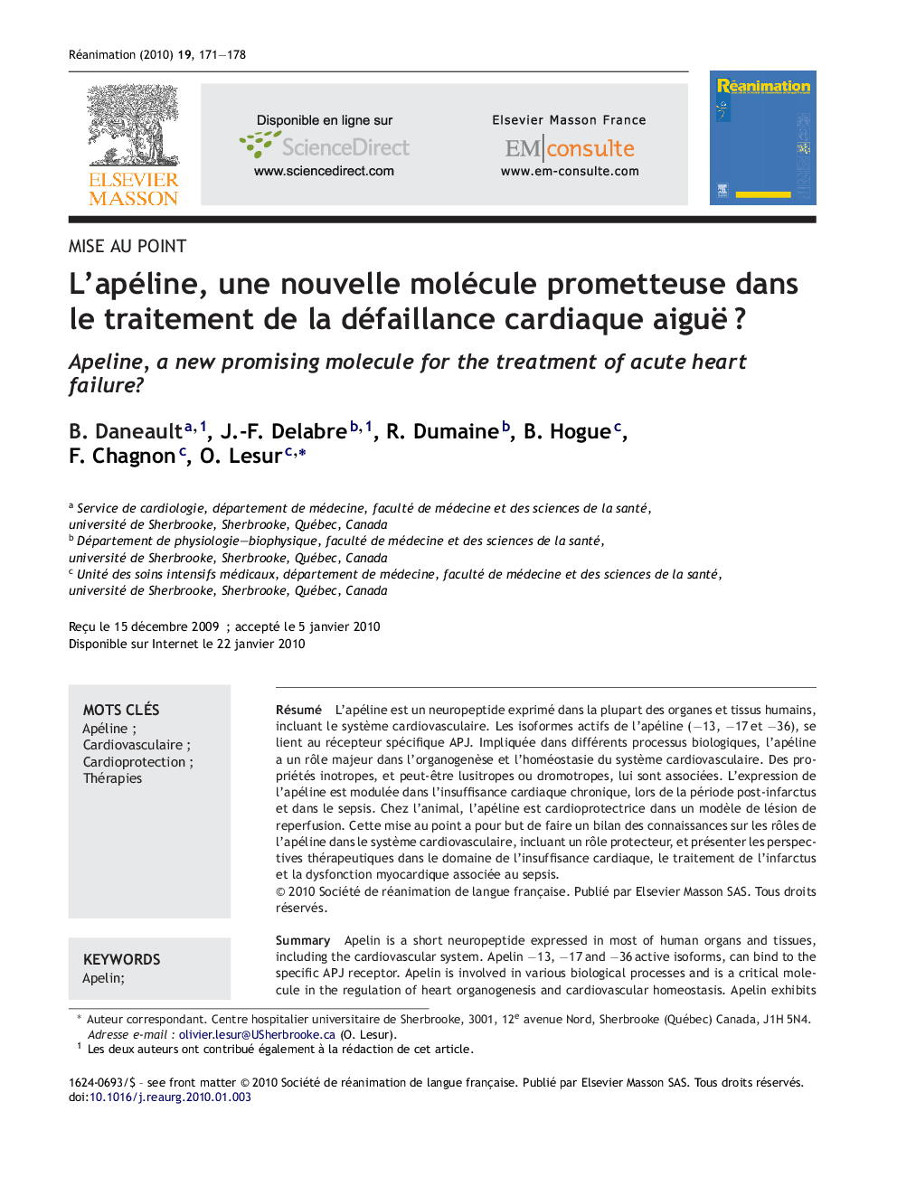 L'apéline, une nouvelle molécule prometteuse dans le traitement de la défaillance cardiaque aiguëÂ ?