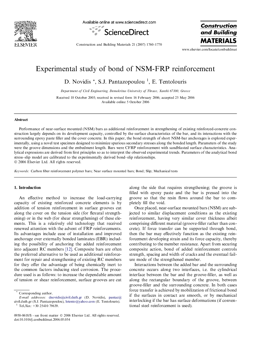 Experimental study of bond of NSM-FRP reinforcement