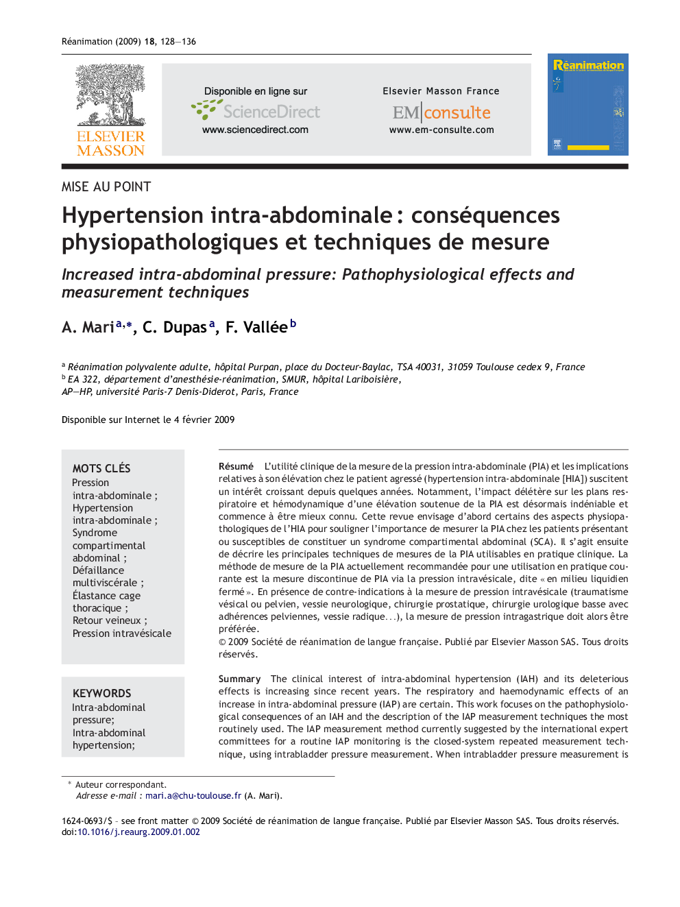 Hypertension intra-abdominaleÂ : conséquences physiopathologiques et techniques de mesure