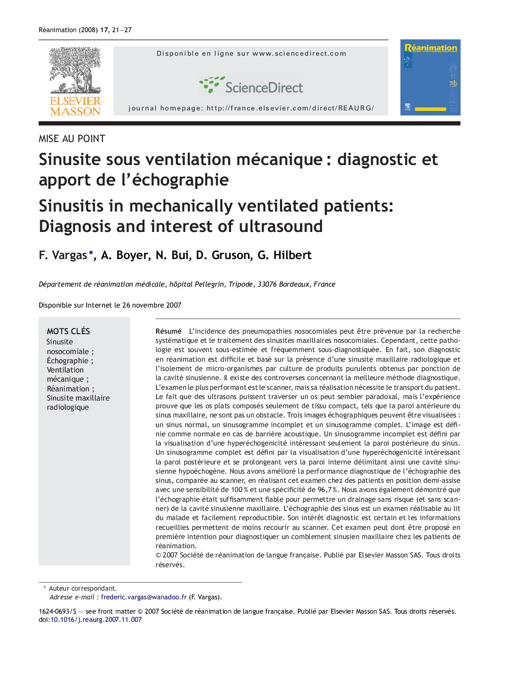 Sinusite sous ventilation mécaniqueÂ : diagnostic et apport de l'échographie