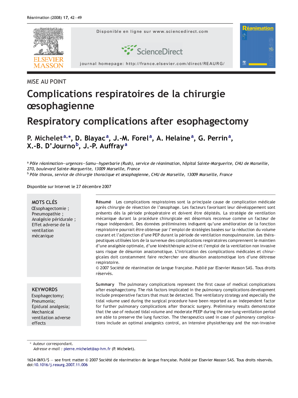 Complications respiratoires de la chirurgie Åsophagienne