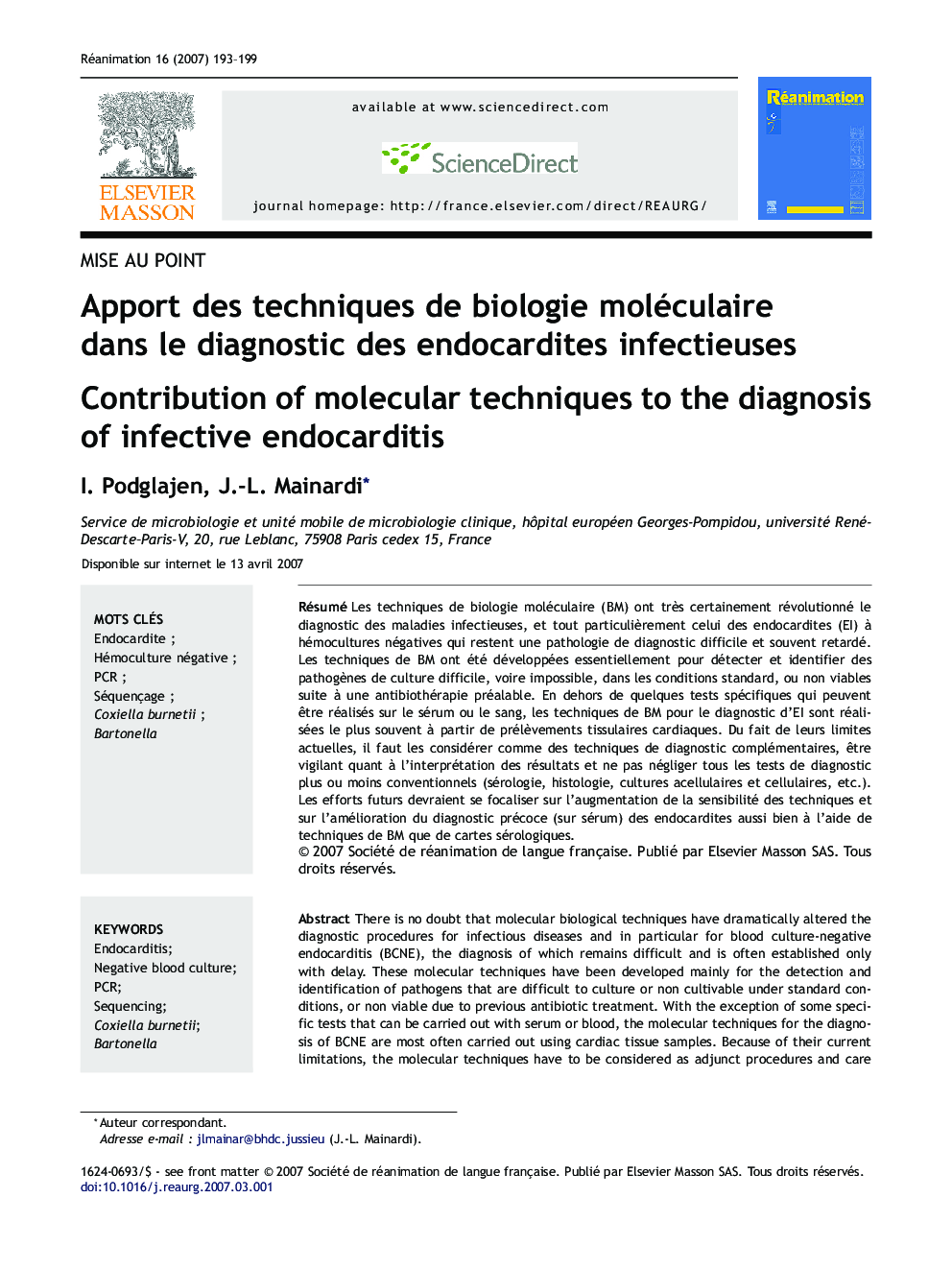 Apport desÂ techniques deÂ biologie moléculaire dansÂ leÂ diagnostic desÂ endocardites infectieuses