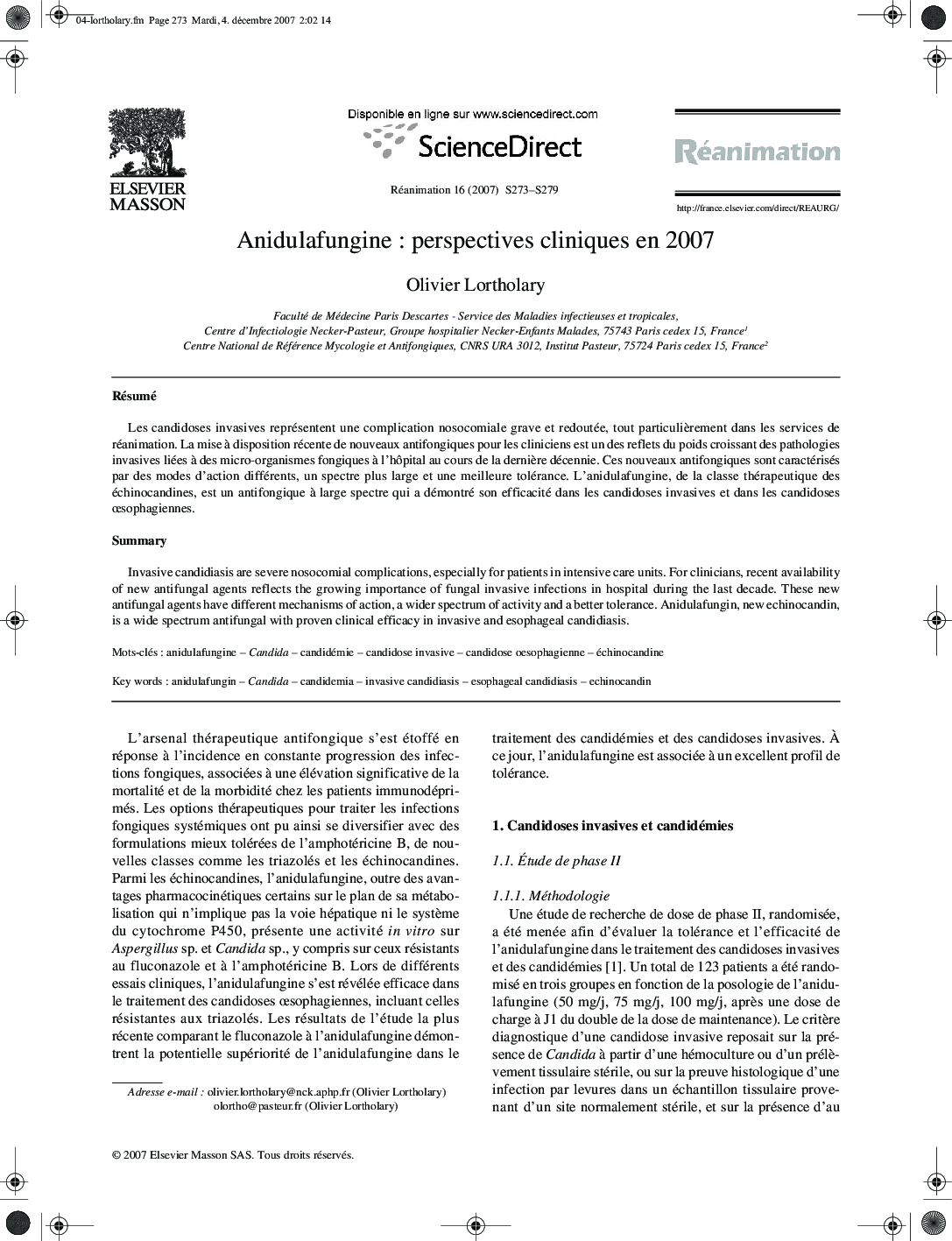 Anidulafungine : perspectives cliniques en 2007