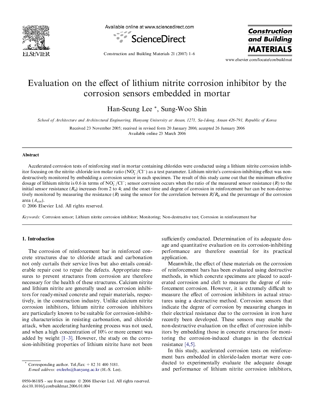 Evaluation on the effect of lithium nitrite corrosion inhibitor by the corrosion sensors embedded in mortar