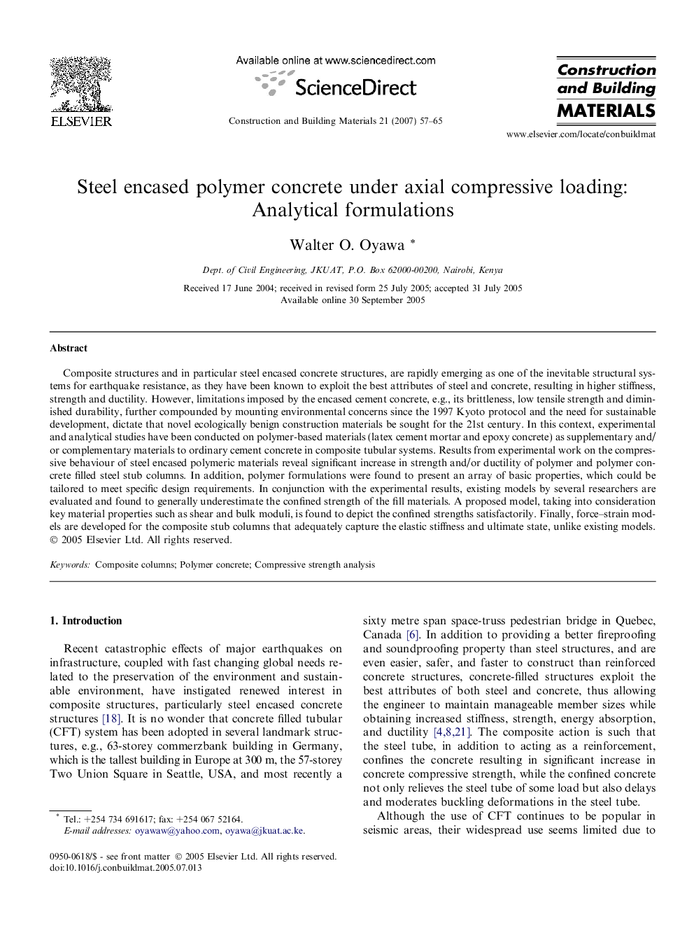 Steel encased polymer concrete under axial compressive loading: Analytical formulations