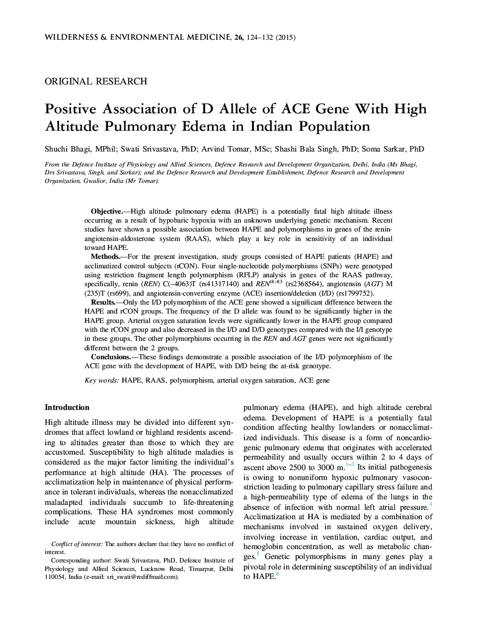 Positive Association of D Allele of ACE Gene With High Altitude Pulmonary Edema in Indian Population 