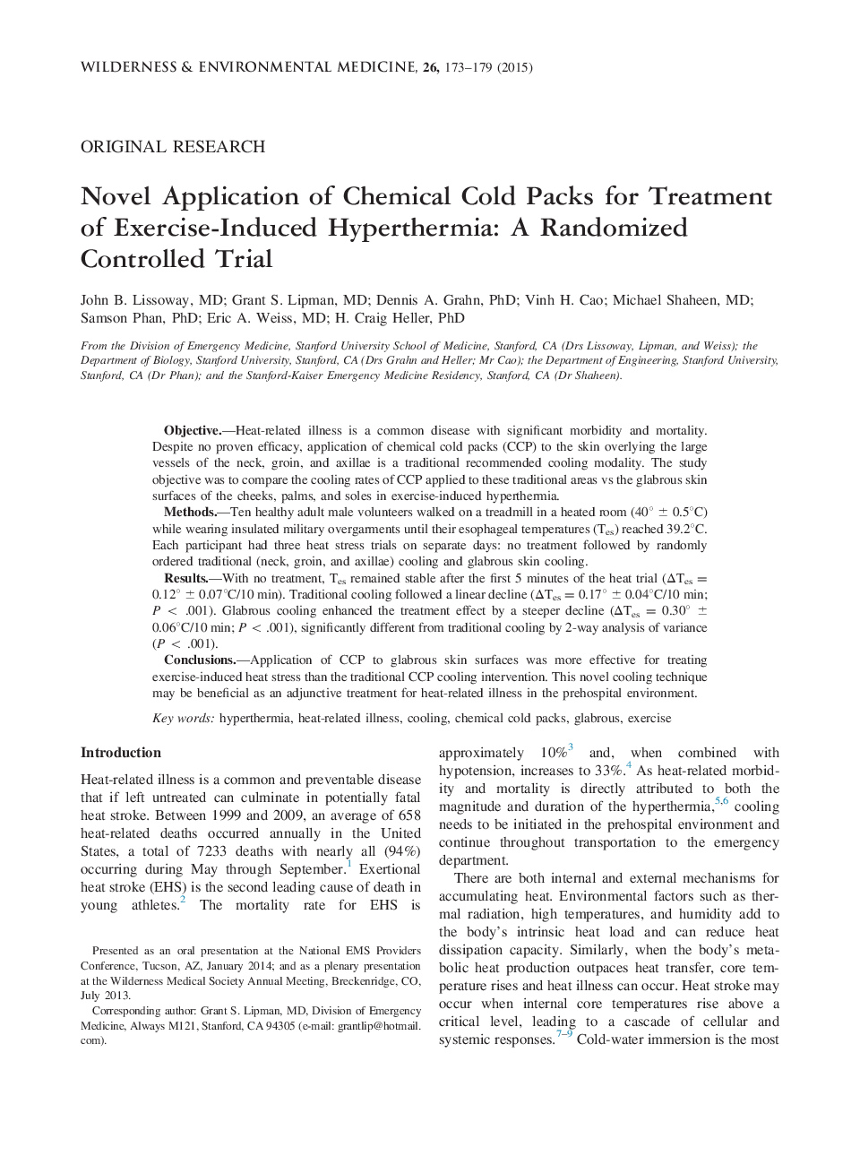 Novel Application of Chemical Cold Packs for Treatment of Exercise-Induced Hyperthermia: A Randomized Controlled Trial 