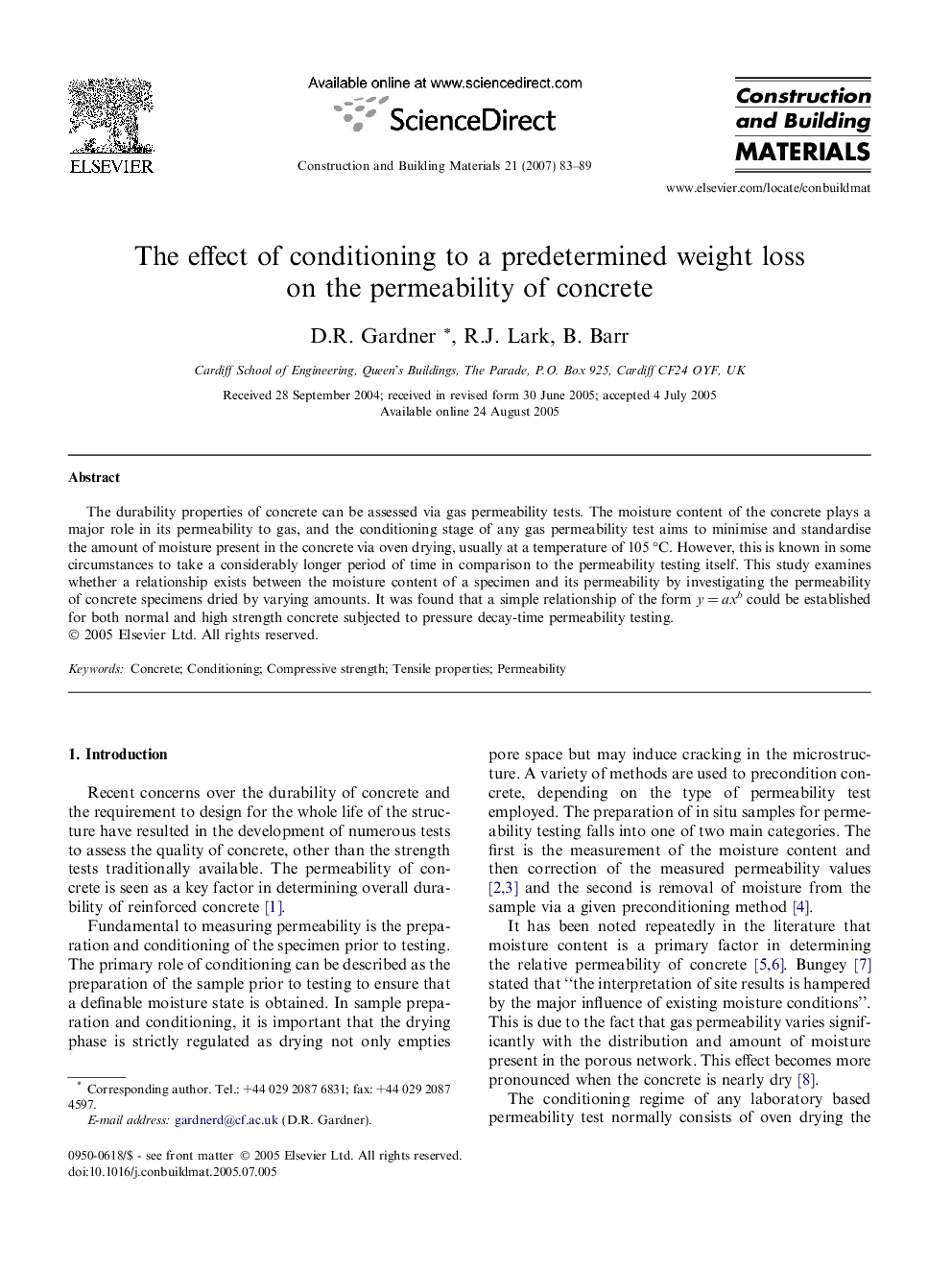 The effect of conditioning to a predetermined weight loss on the permeability of concrete