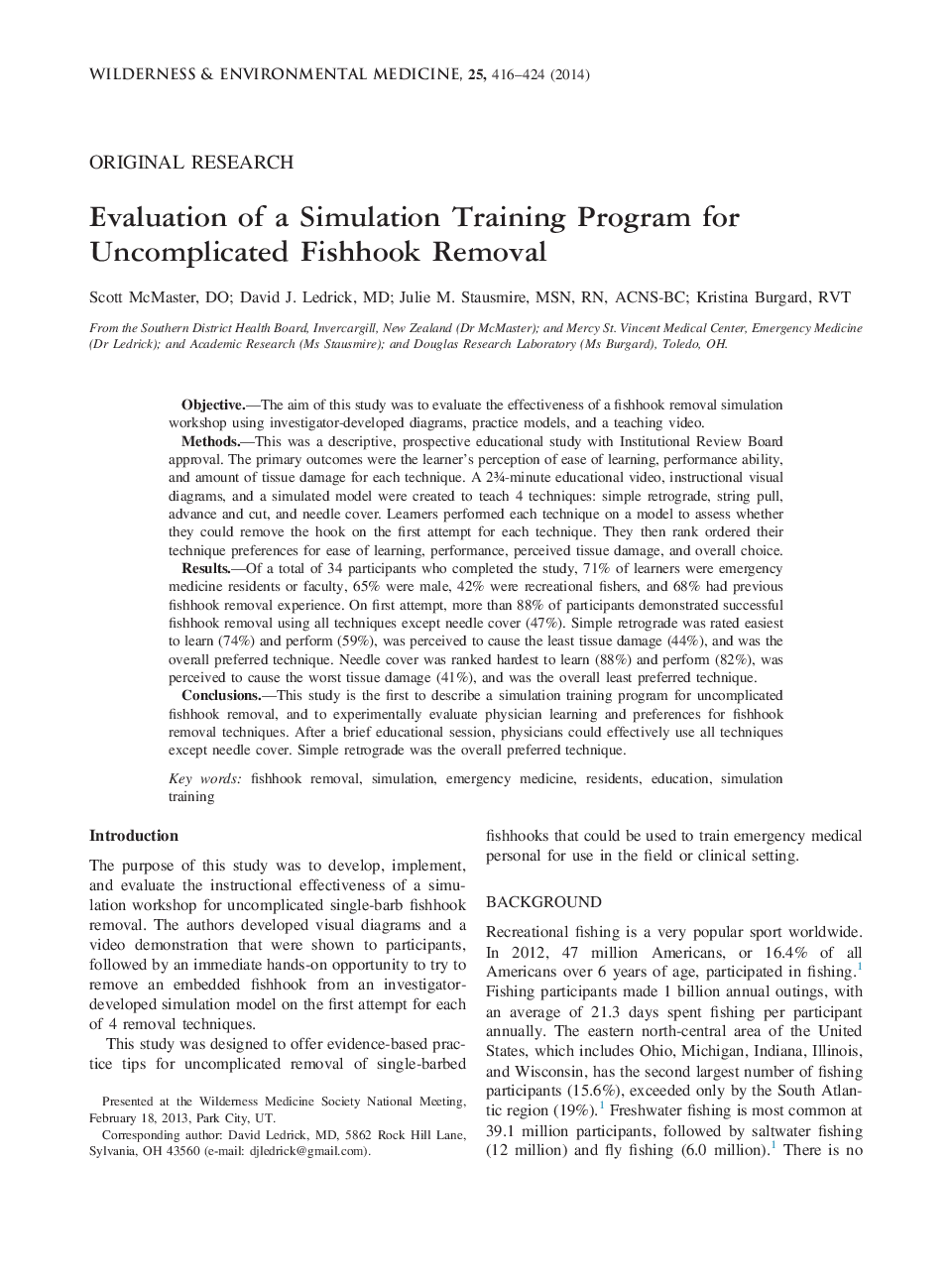 Evaluation of a Simulation Training Program for Uncomplicated Fishhook Removal 