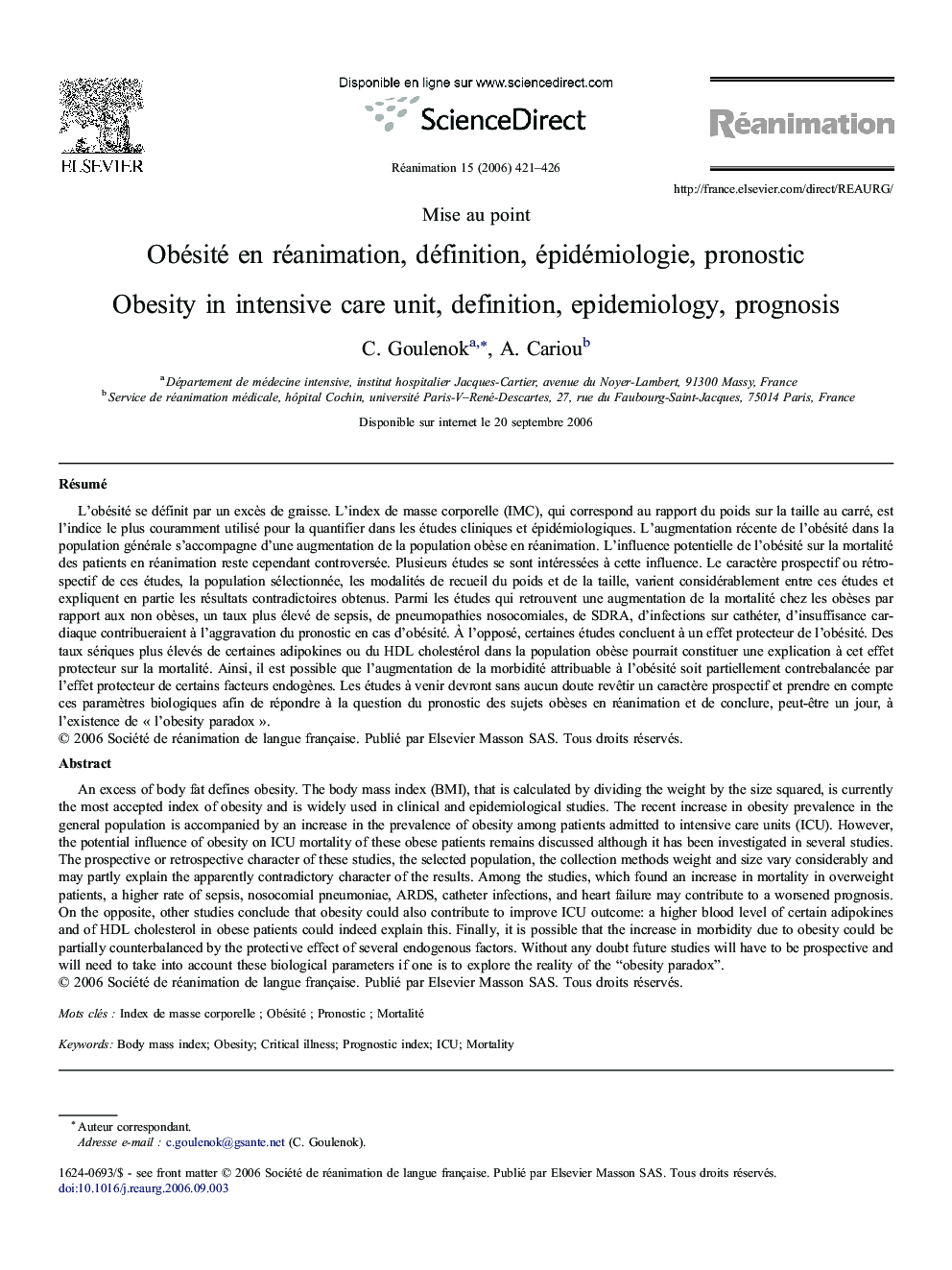 Obésité enÂ réanimation, définition, épidémiologie, pronostic