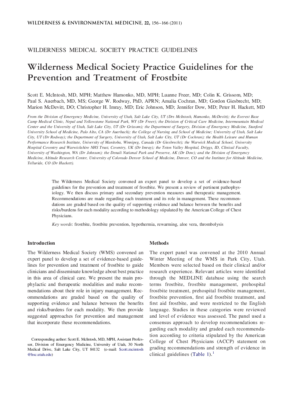 Wilderness Medical Society Practice Guidelines for the Prevention and Treatment of Frostbite