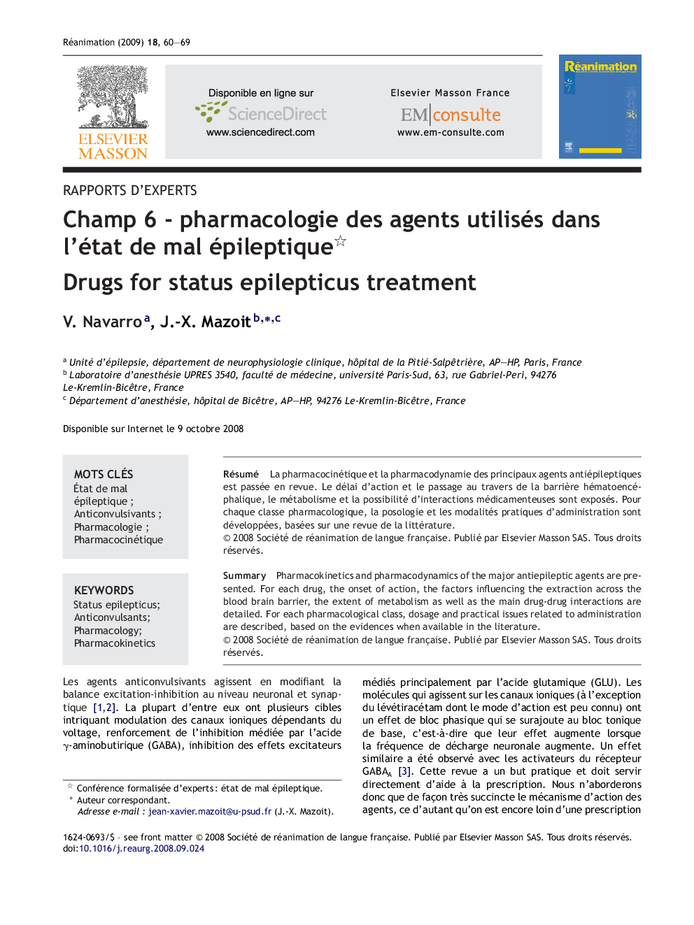 Champ 6 - pharmacologie des agents utilisés dans l'état de mal épileptique