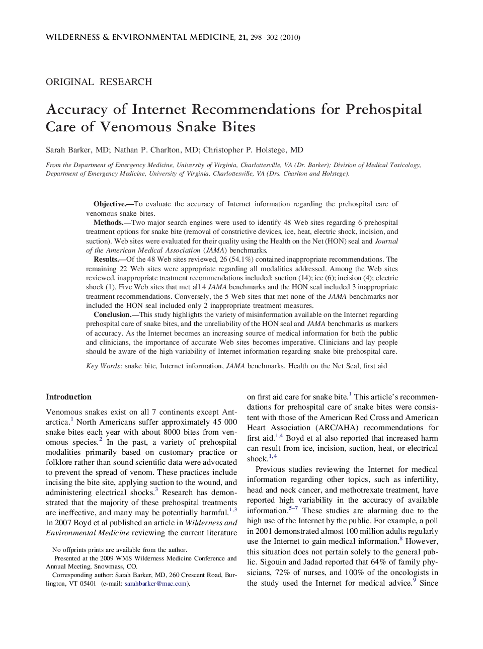 Accuracy of Internet Recommendations for Prehospital Care of Venomous Snake Bites 