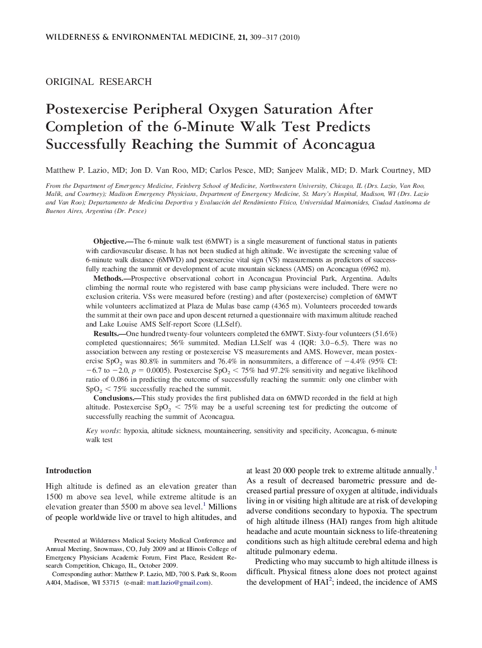 Postexercise Peripheral Oxygen Saturation After Completion of the 6-Minute Walk Test Predicts Successfully Reaching the Summit of Aconcagua