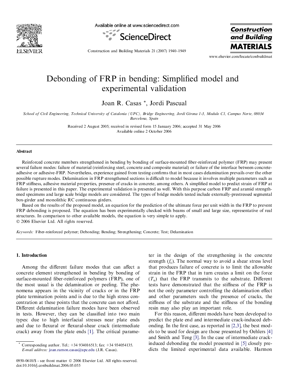 Debonding of FRP in bending: Simplified model and experimental validation