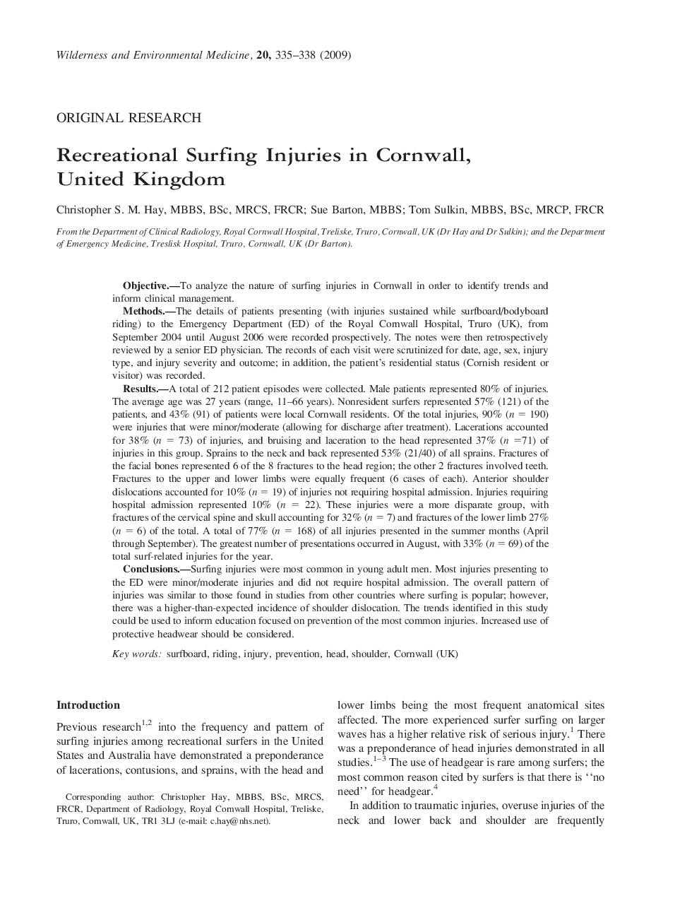 Recreational Surfing Injuries in Cornwall, United Kingdom