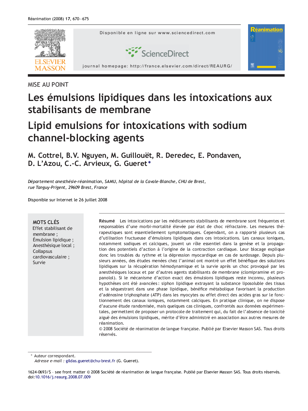 Les émulsions lipidiques dans les intoxications aux stabilisants de membrane